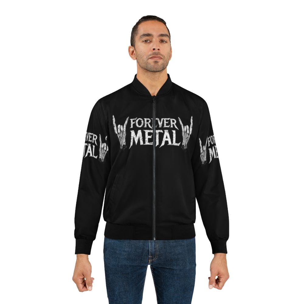 Metalhead wearing a forever metal bomber jacket with heavy metal-inspired design - Lifestyle