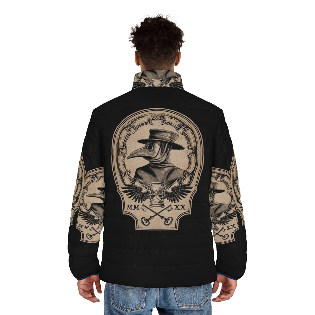 A vintage-style puffer jacket featuring a plague doctor mask and gothic, medieval-inspired design. - men back