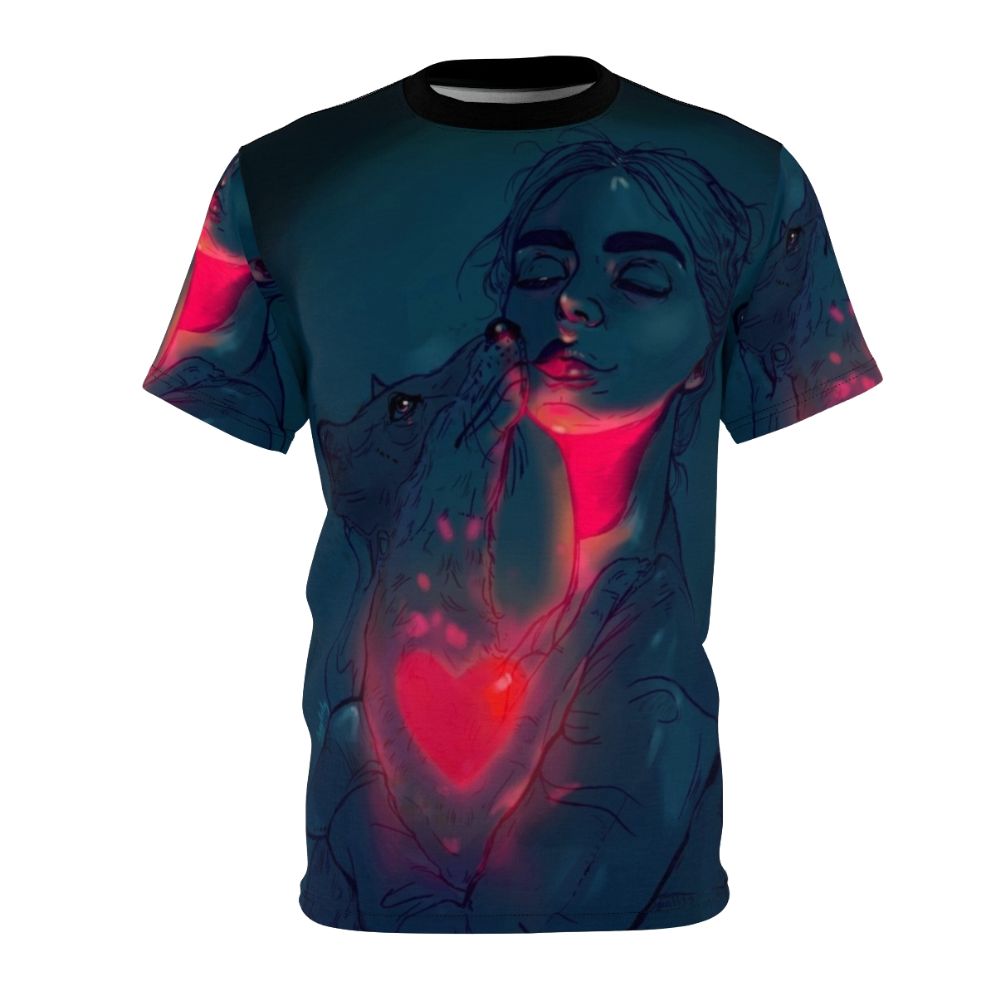 Glowing digital art portrait of a colorful animal on an AOP t-shirt