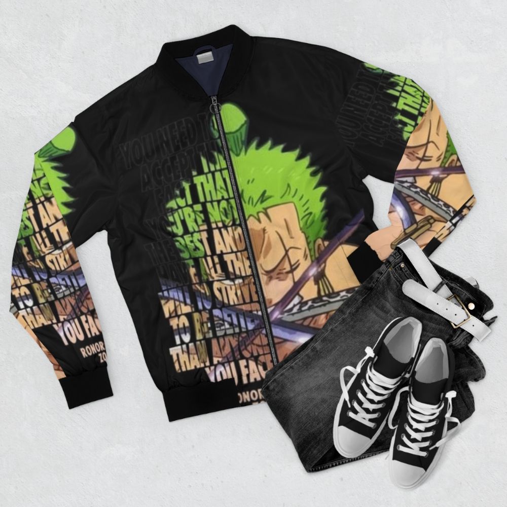 Anime Manga Quote Bomber Jacket with Trending Design - Flat lay