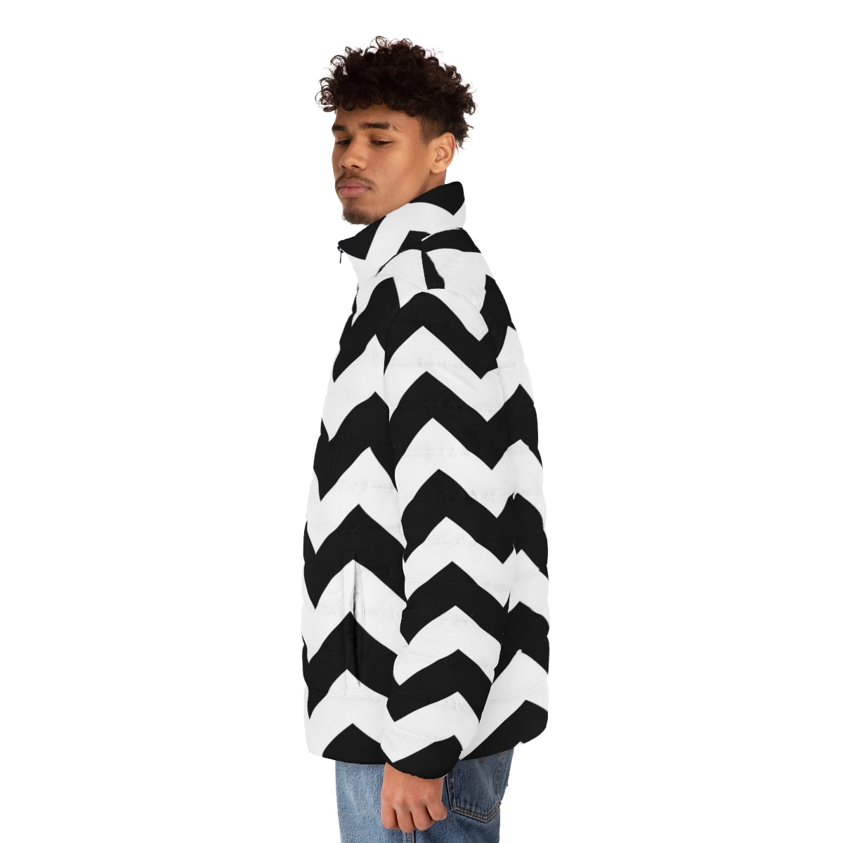 Black and white zig zag puffer jacket with a modern, geometric pattern - men side left