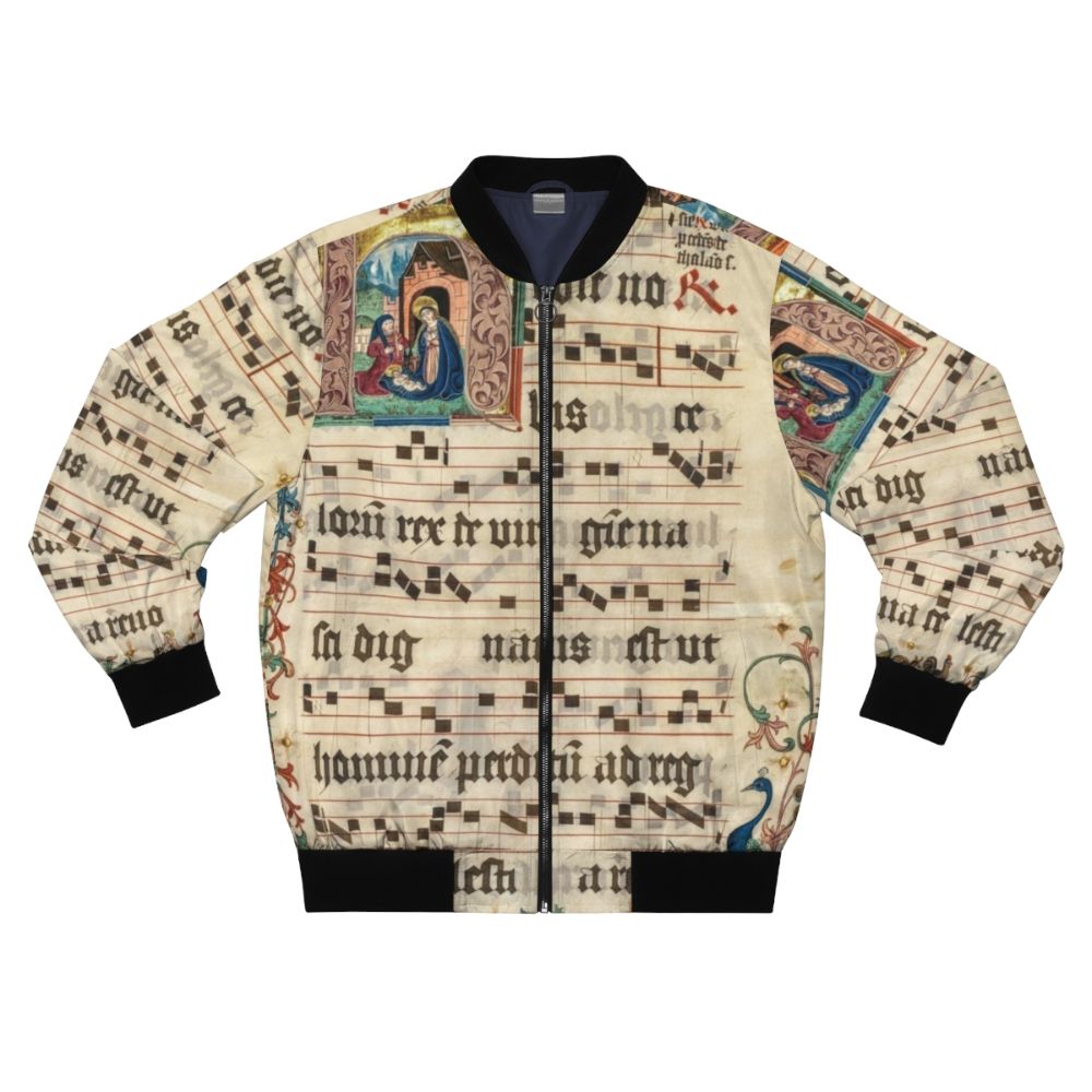 Bomber jacket featuring intricate medieval illuminated manuscript designs and religious imagery