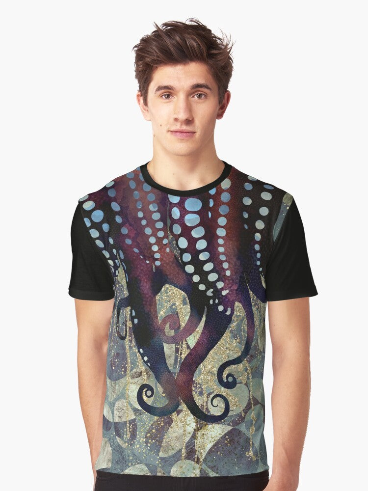 Metallic ocean graphic t-shirt with an abstract nature design featuring underwater elements in shades of blue, purple, and gold. - Men