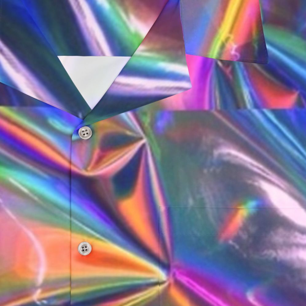 Holographic material Hawaiian shirt with shiny, rainbow iridescent design - Detail