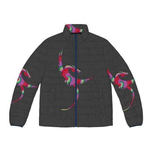 Colorful puffer jacket with a dragon and legendary animal design