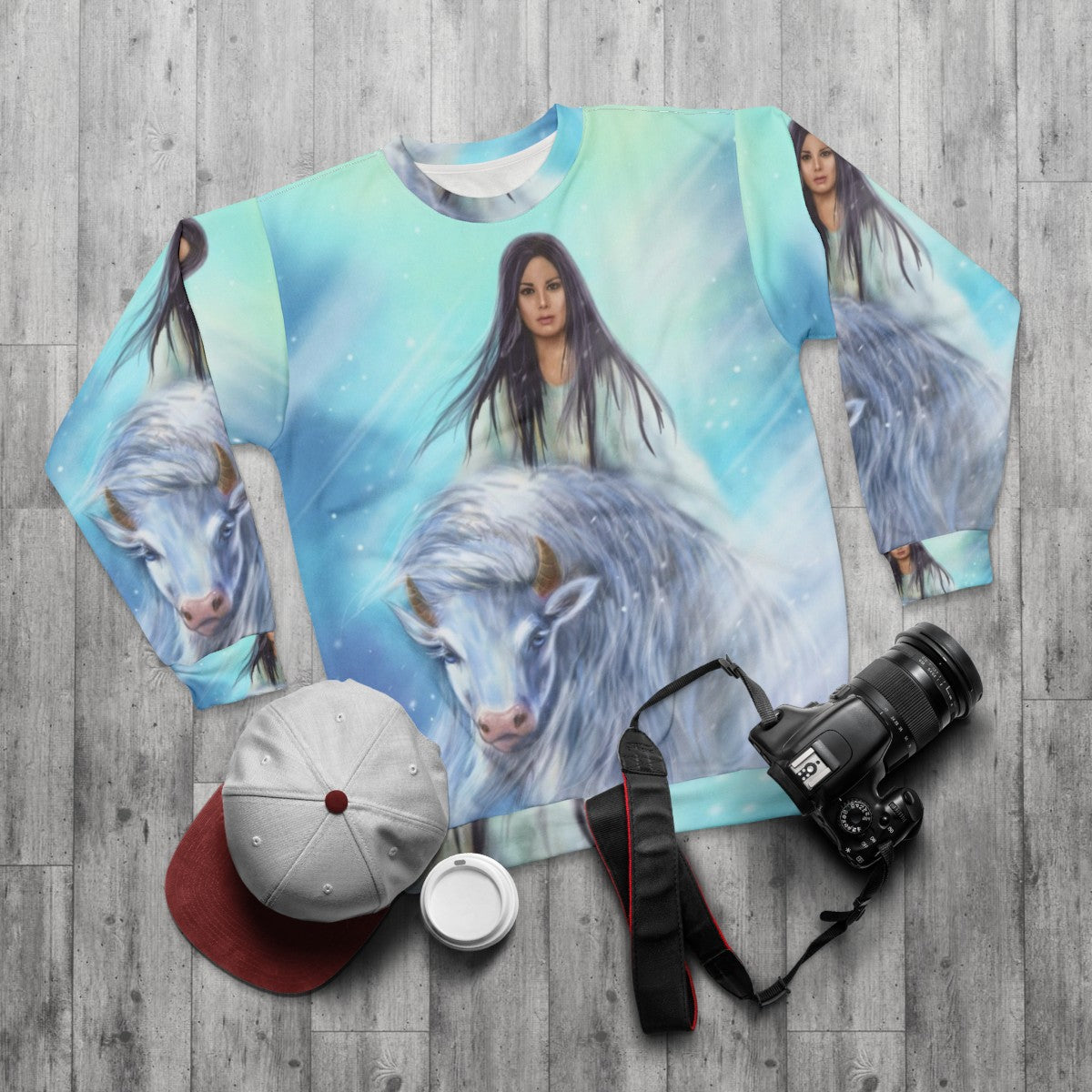 White Buffalo Calf Woman Sweatshirt - Legendary Native American Figure - flat lay