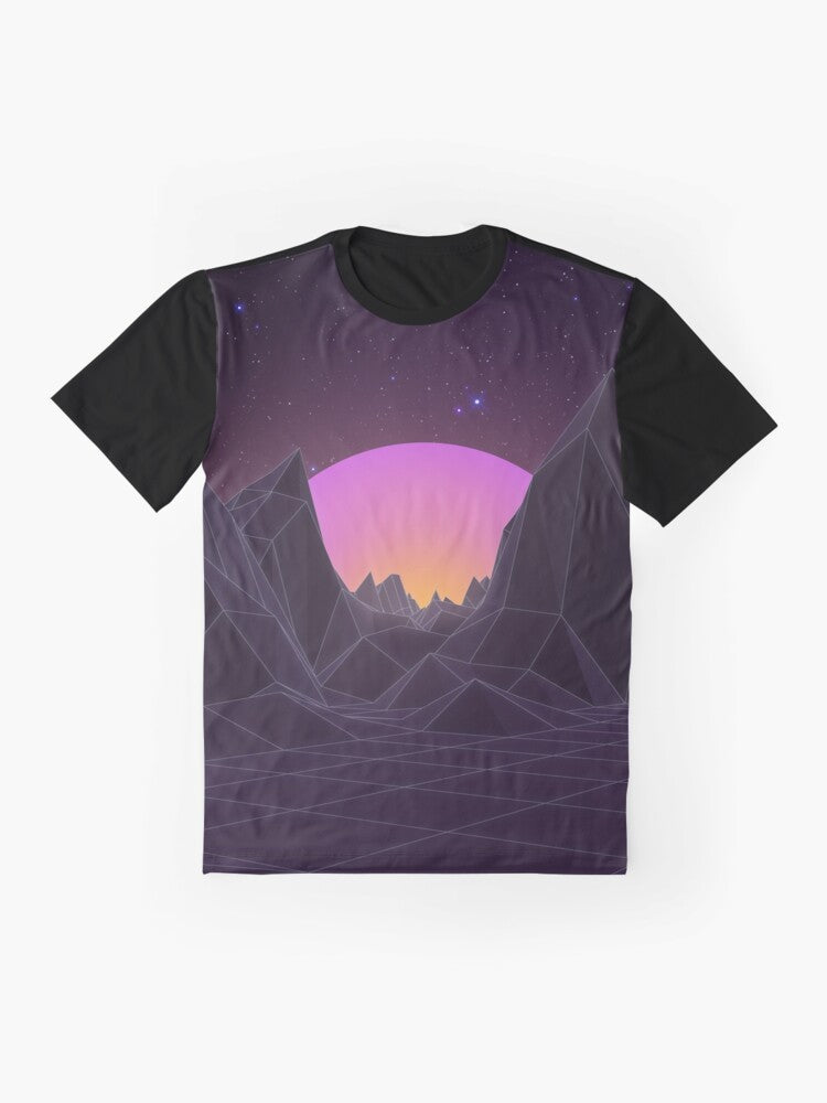 Retro vaporwave 80s graphic t-shirt with aesthetic design of futuristic sunset, waves, and geometric patterns - Flat lay