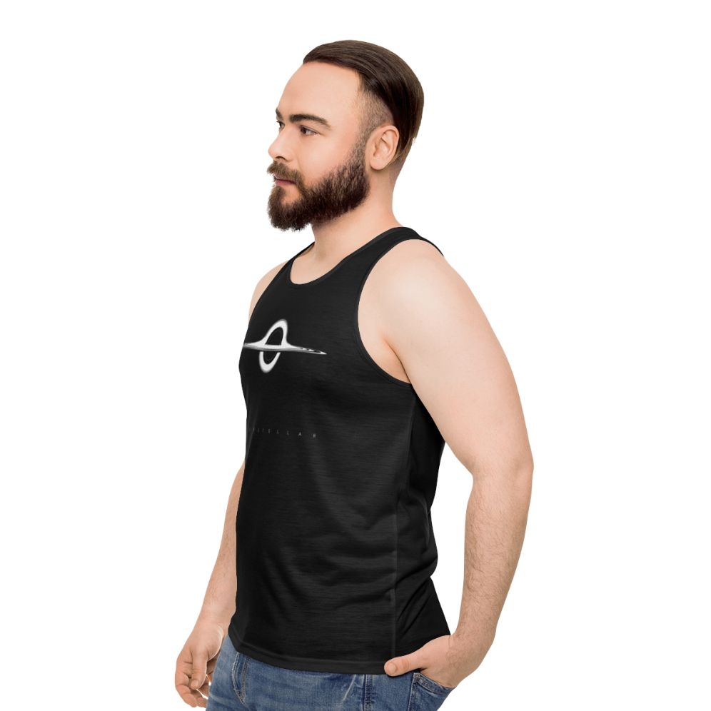 Interstellar wormhole minimalist design on a unisex tank top - men side