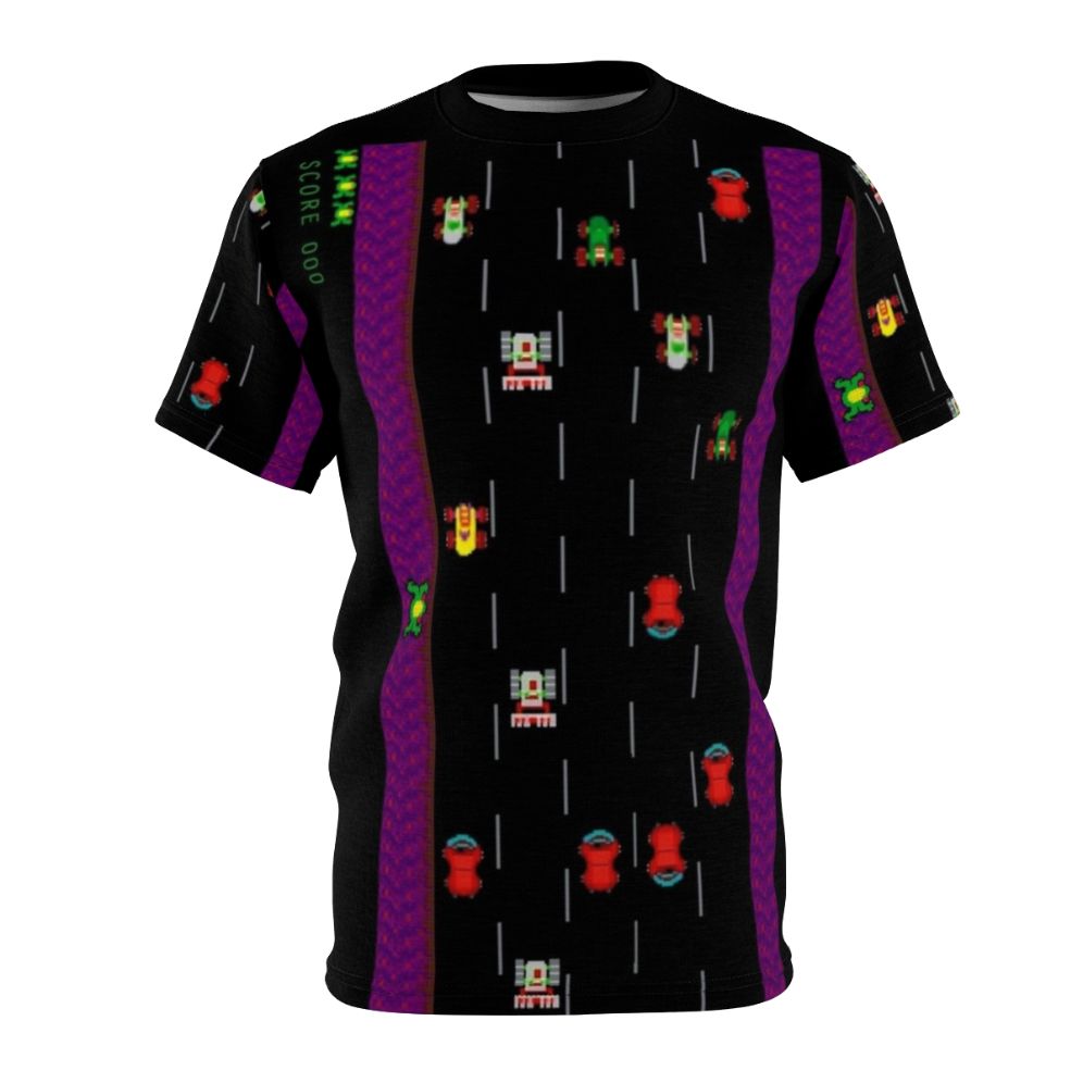 Retro gaming inspired Frogger t-shirt with a vintage pattern design