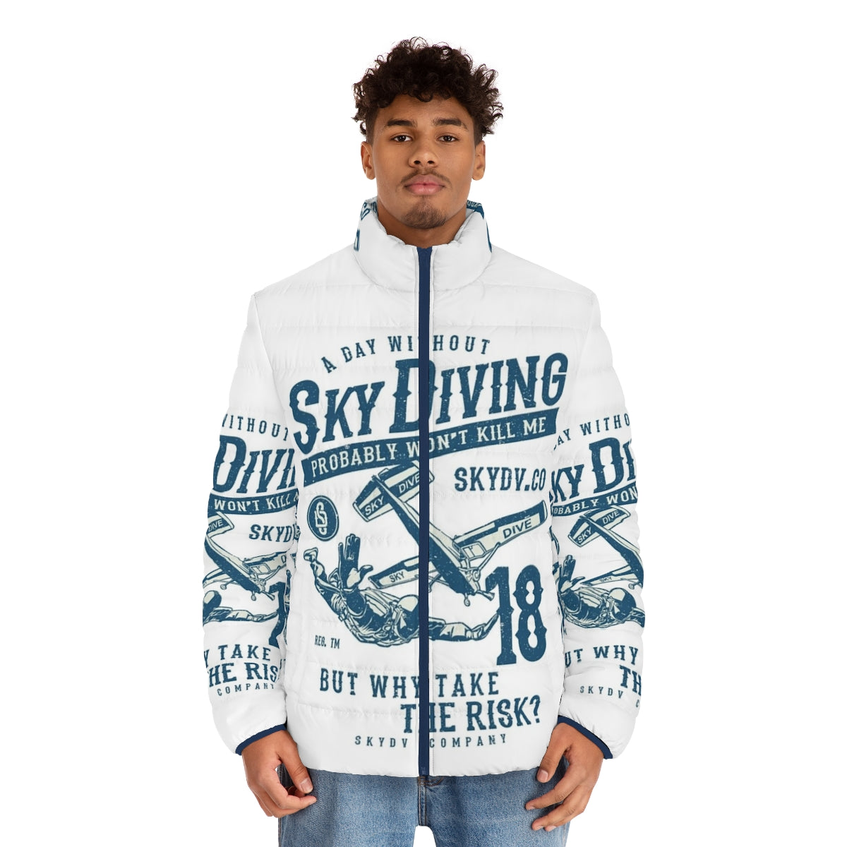 Skydiver Skydiving Puffer Jacket with Ironic Humor Saying - men front