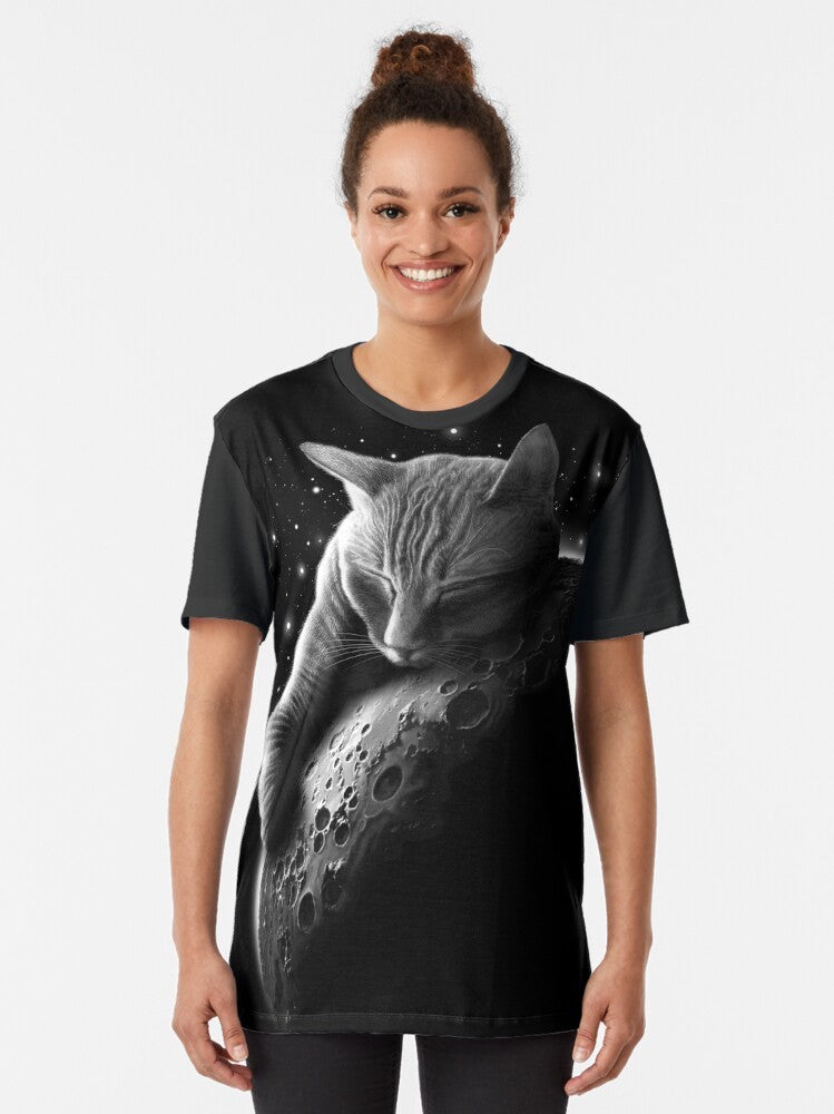 Graphic illustration of a cat wearing an astronaut suit against a starry night sky background - Women