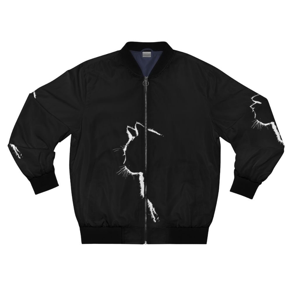 A stylish bomber jacket featuring a minimalist cat silhouette design in black and white.