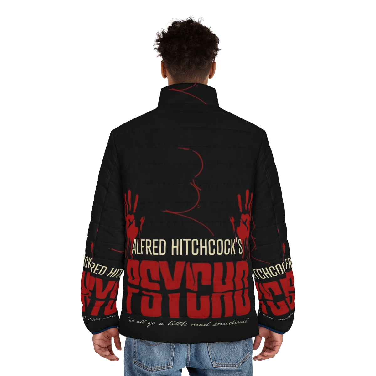 Alfred Hitchcock Psycho Puffer Jacket with birds and red and black color scheme - men back