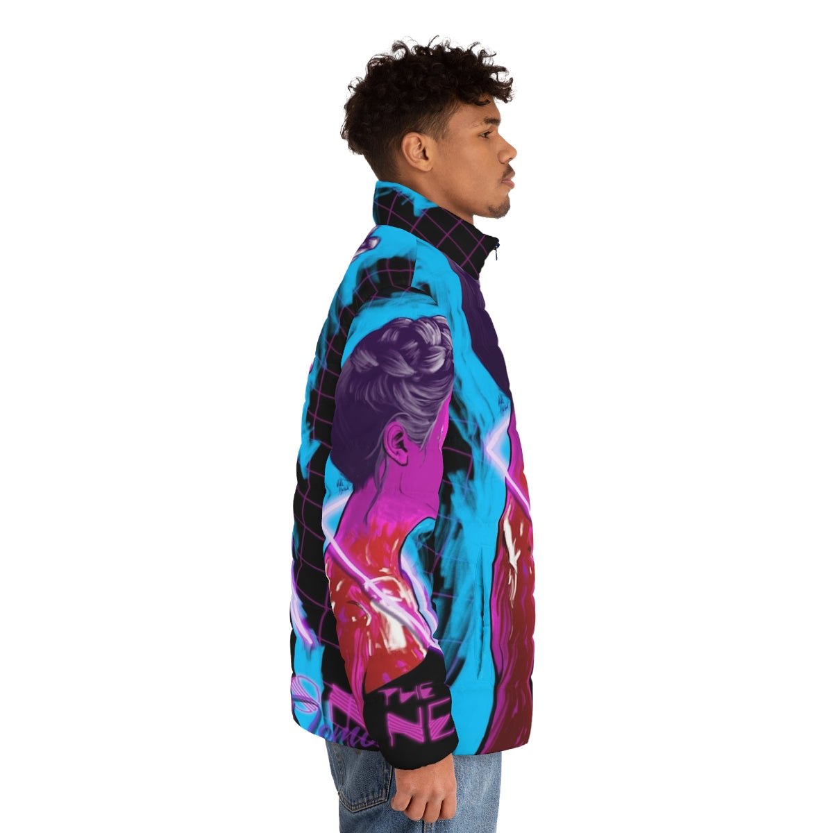 Neon Demon Puffer Jacket - A vibrant, futuristic puffer jacket inspired by the cult classic film - men side right