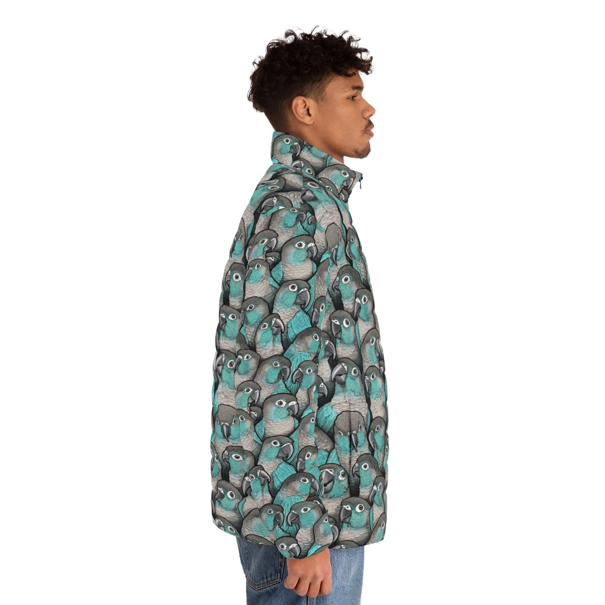 Turquoise green cheeked conure puffer jacket with bird pattern - men side right