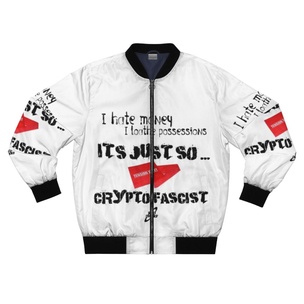 Anti-Establishment Crypto Fascist Bomber Jacket with Red Dwarf and Sci-Fi Inspired Graphics