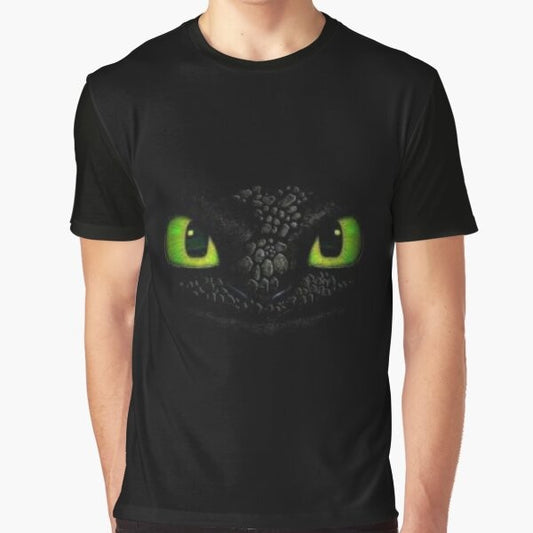 Toothless the Night Fury dragon from the How to Train Your Dragon movie series on a black graphic t-shirt