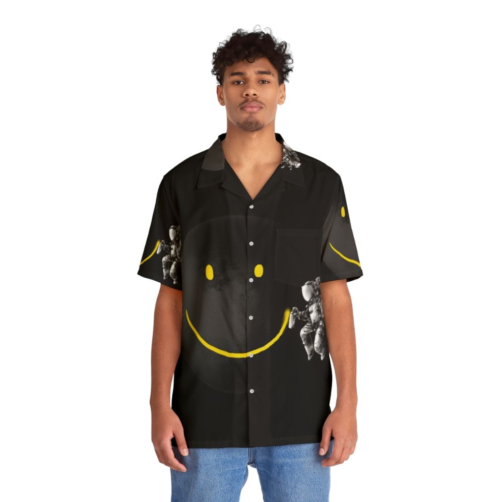 Surreal moon astronaut Hawaiian shirt with abstract smile design - People Front