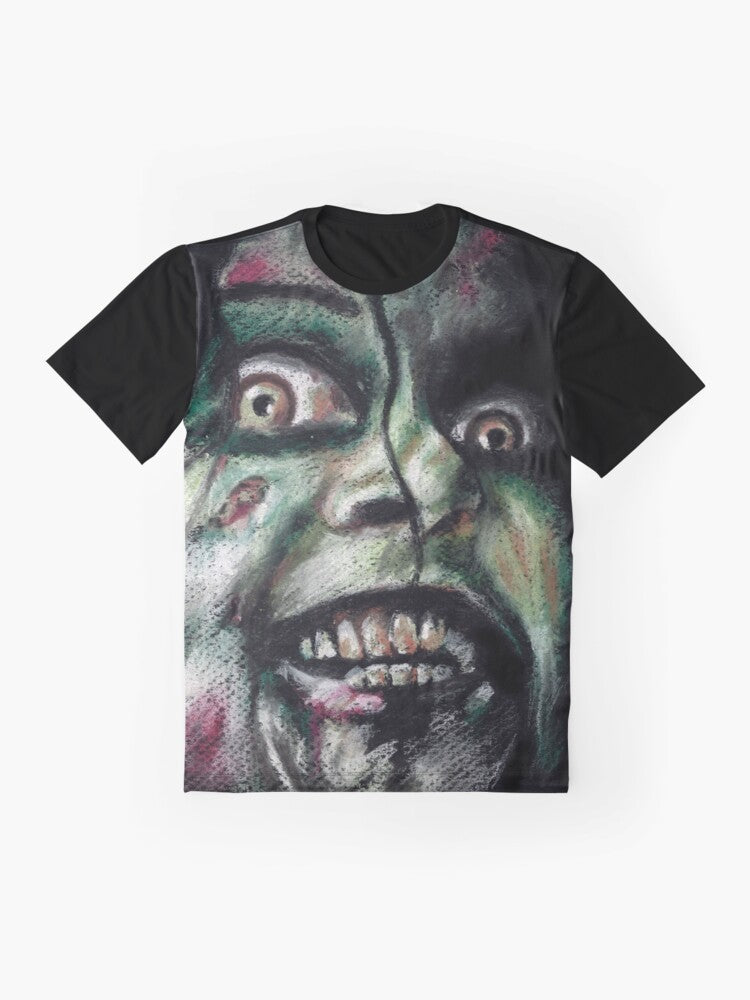 The Evil Dead cult classic horror movie graphic t-shirt featuring Mia and the possessed deadites - Flat lay