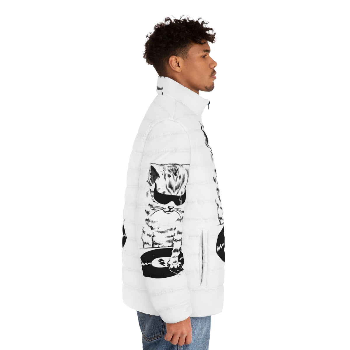 DJ Scratch Puffer Jacket with tabby cat and vinyl records - men side right