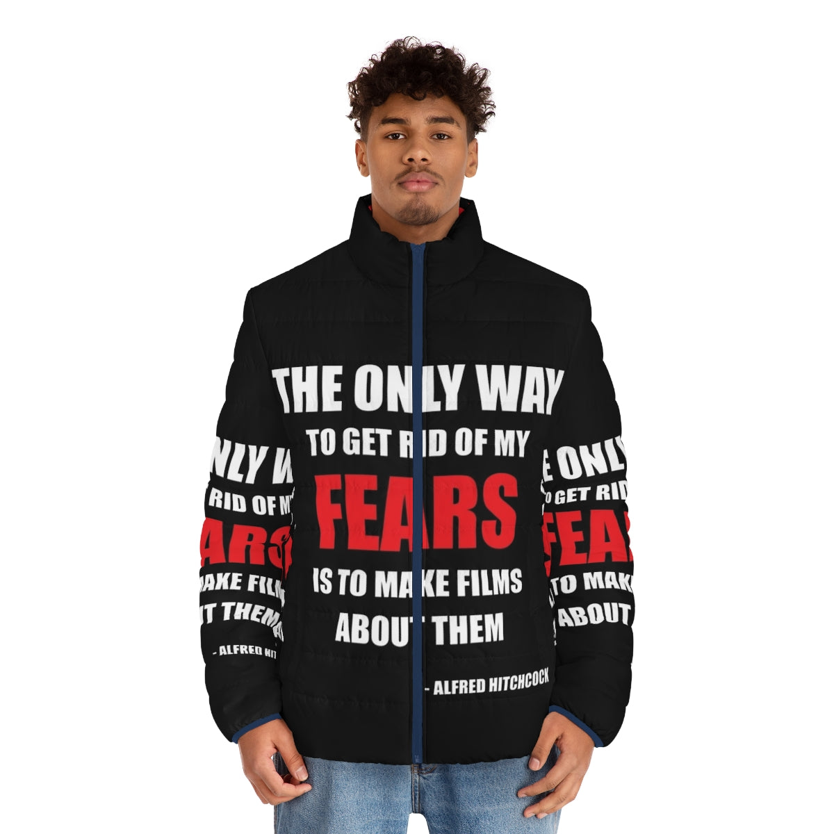 Stylish puffer jacket featuring a classic Alfred Hitchcock quote - men front