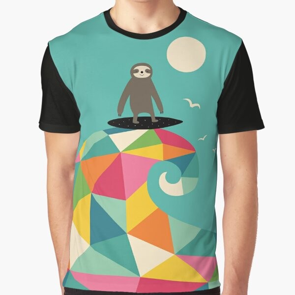 Surfer sloth with colorful geometric and rainbow designs on a graphic t-shirt