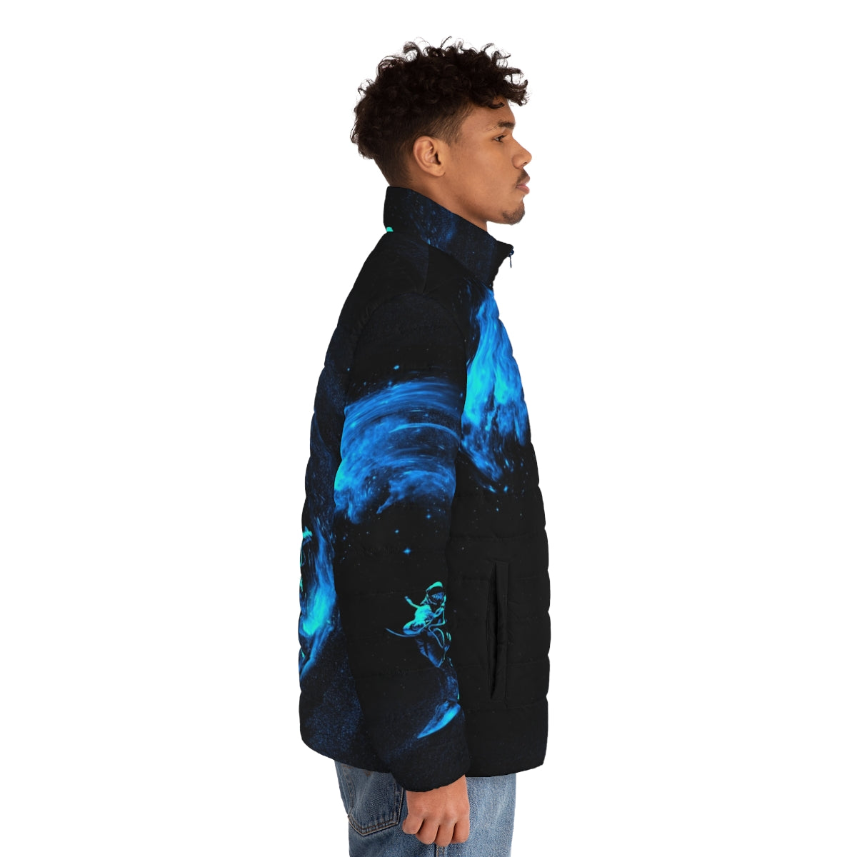 Interstellar puffer jacket featuring a galaxy-inspired design with stars, planets, and a cosmic surfing scene - men side right