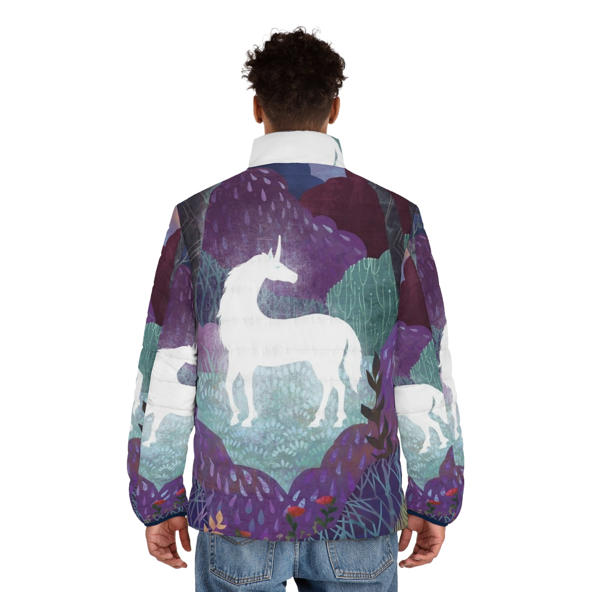 The Last Unicorn themed puffer jacket in a lavender and purple color palette - men back