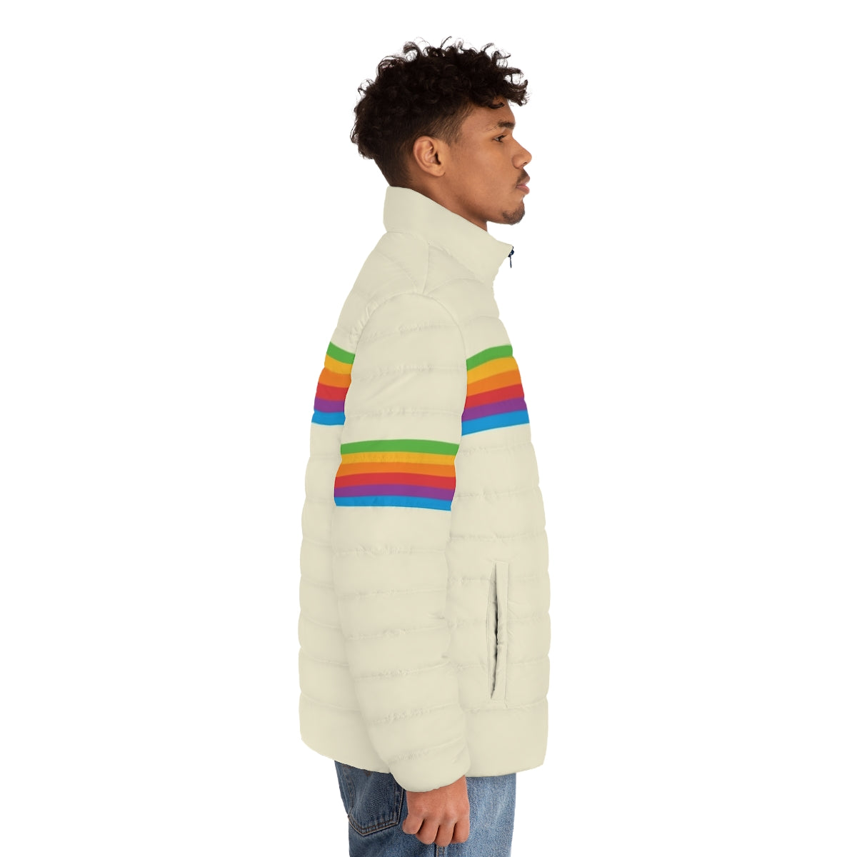 Retro colorful puffer jacket with an Apple rainbow design - men side right