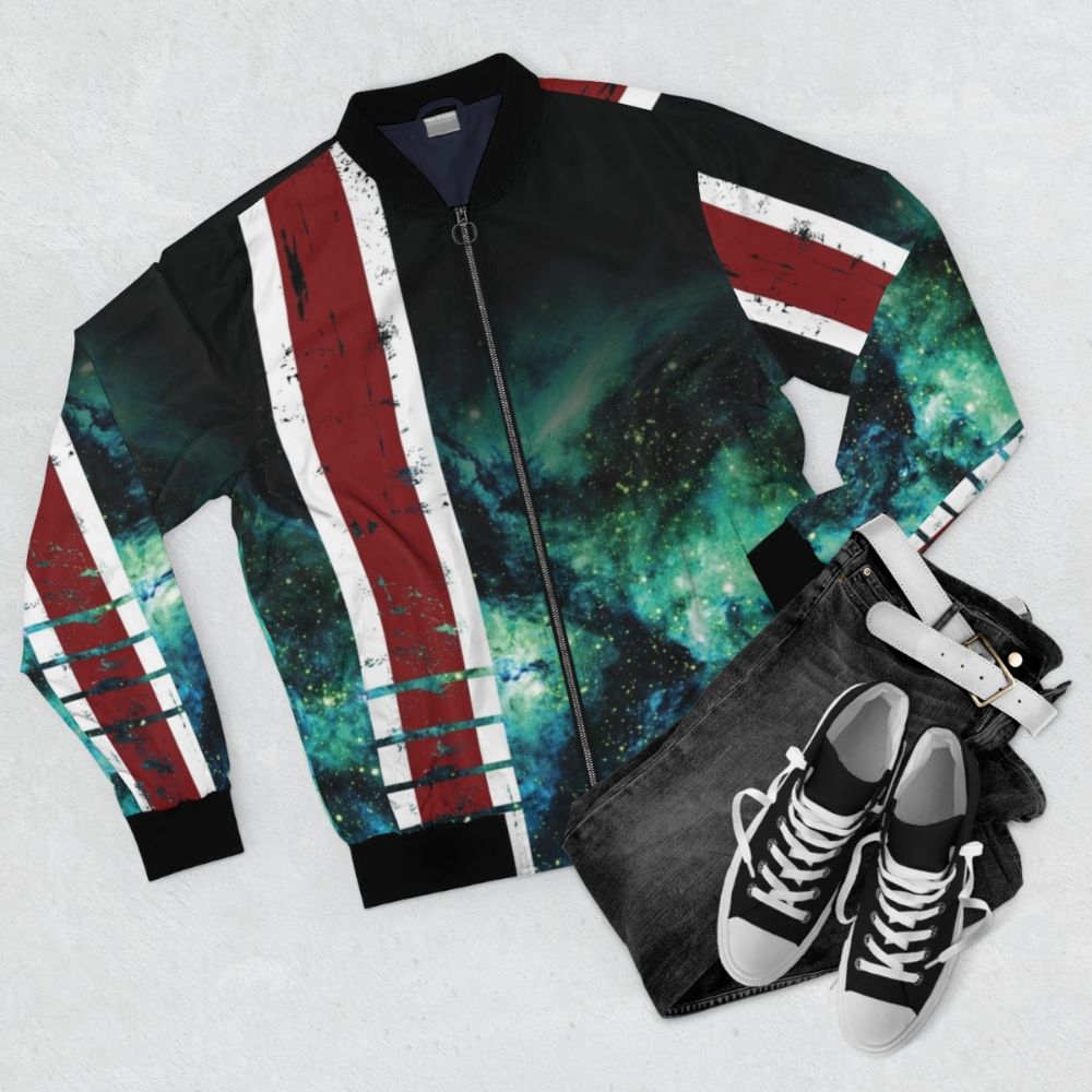 Mass Effect N7 Bomber Jacket with Armor Stripe Design - Flat lay