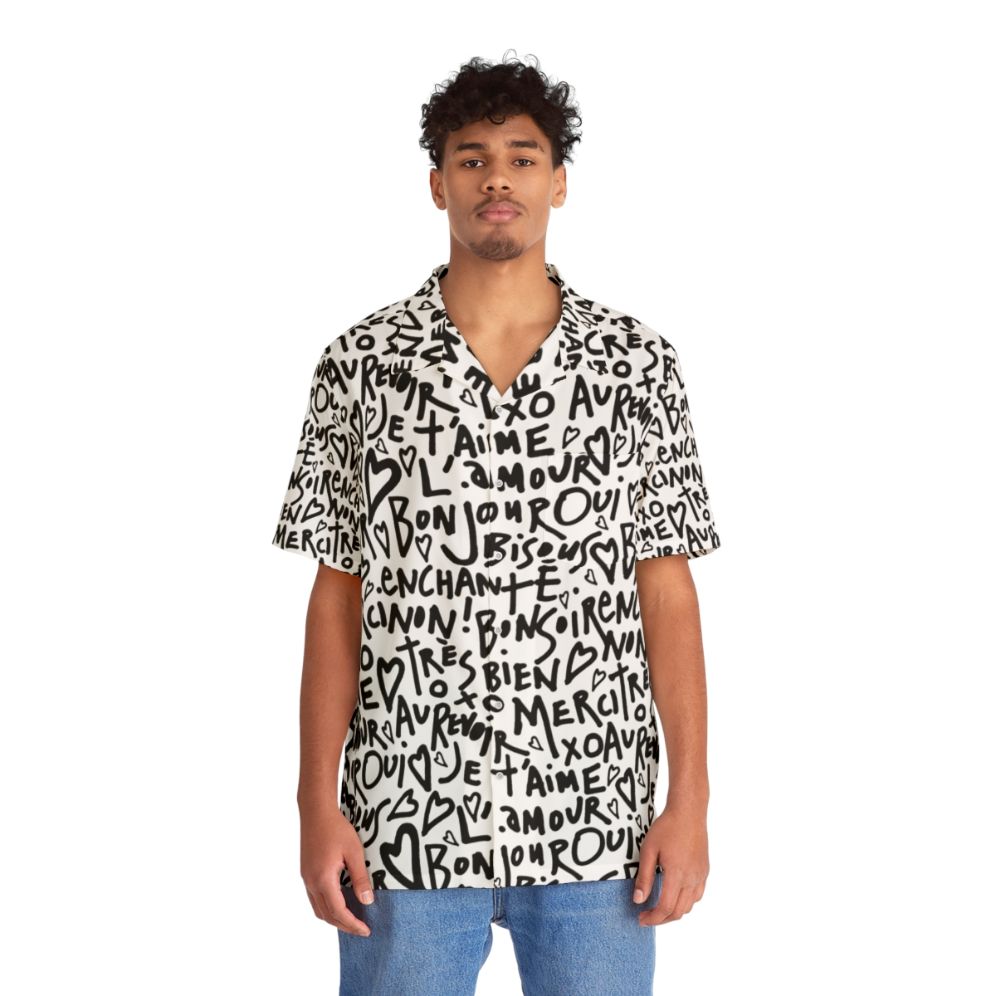 French-inspired Hawaiian shirt with "I Love You" phrase in white text on black and white background - People Front