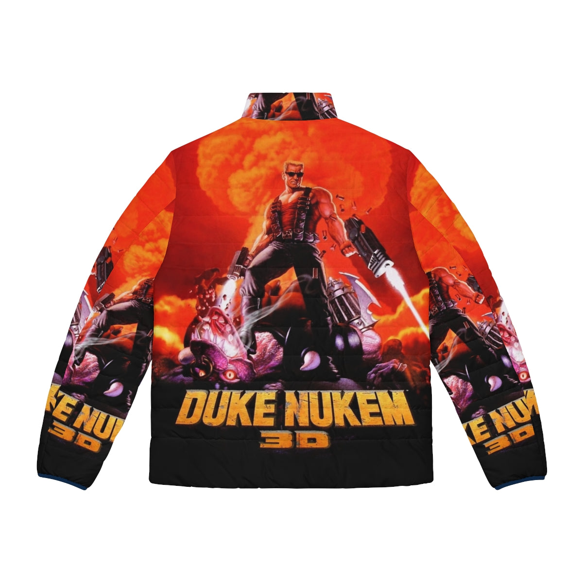 Duke Nukem 3D retro game print puffer jacket with high contrast graphics - Back