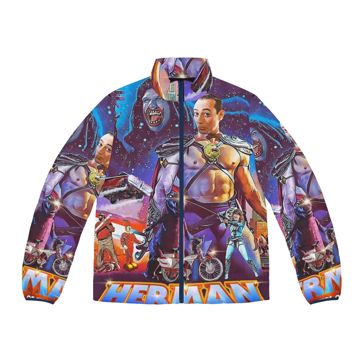 Peewee Harman-inspired puffer jacket with Masters of the Universe graphics