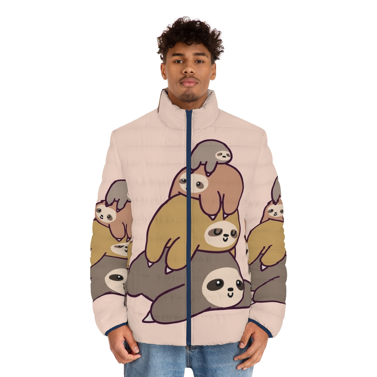 Sloth Stack Puffer Jacket featuring a cute, kawaii design of a pile of cartoon sloths - men front