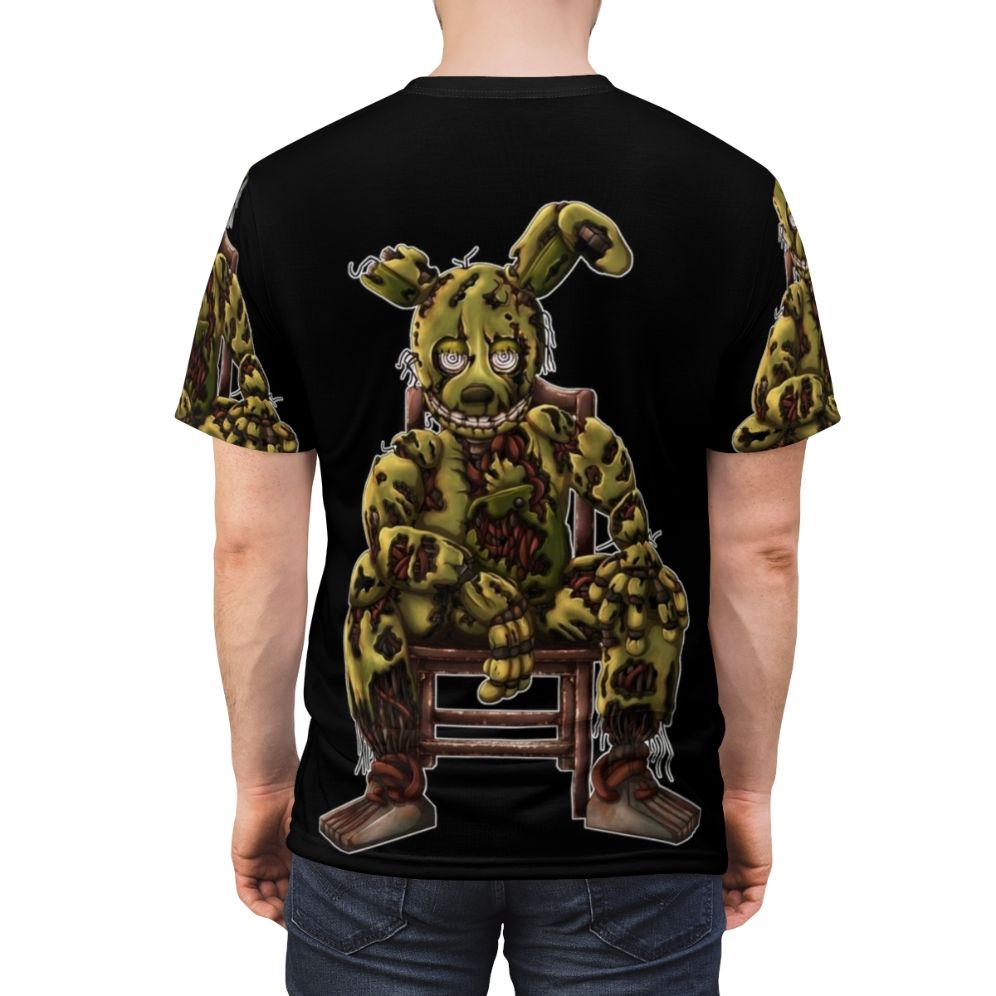 Springtrap, a character from the Five Nights at Freddy's game series, sitting in a chair with a white outline design on a t-shirt. - men back