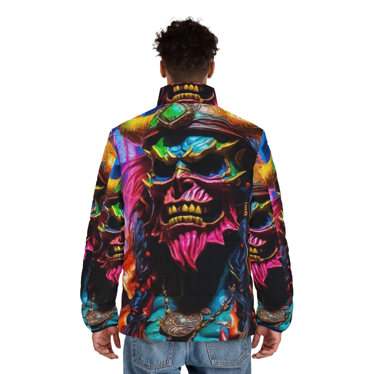 Neon puffer jacket with pirate, demon, and graffiti design - men back