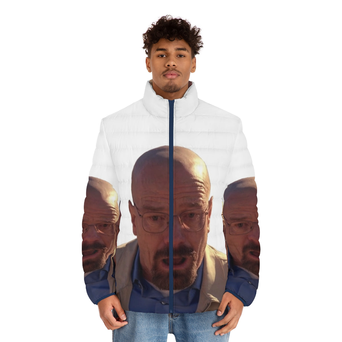 Walter White Meme Puffer Jacket featuring the iconic character from Breaking Bad - men front