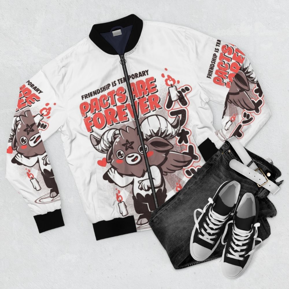 Retro horror-themed bomber jacket with baphomet, demon, and devil imagery - Flat lay