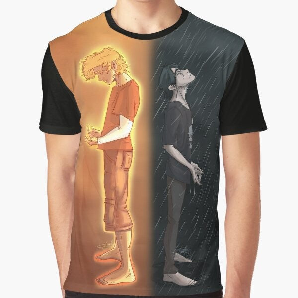 Graphic tee featuring Nico di Angelo and Will Solace from the Percy Jackson universe, with a sun and rain design.