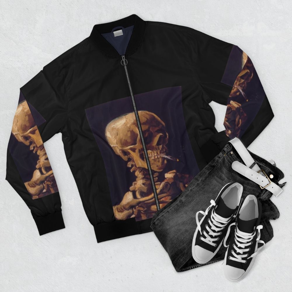 Bomber jacket featuring Vincent Van Gogh's 'Skull with a Burning Cigarette' painting - Flat lay