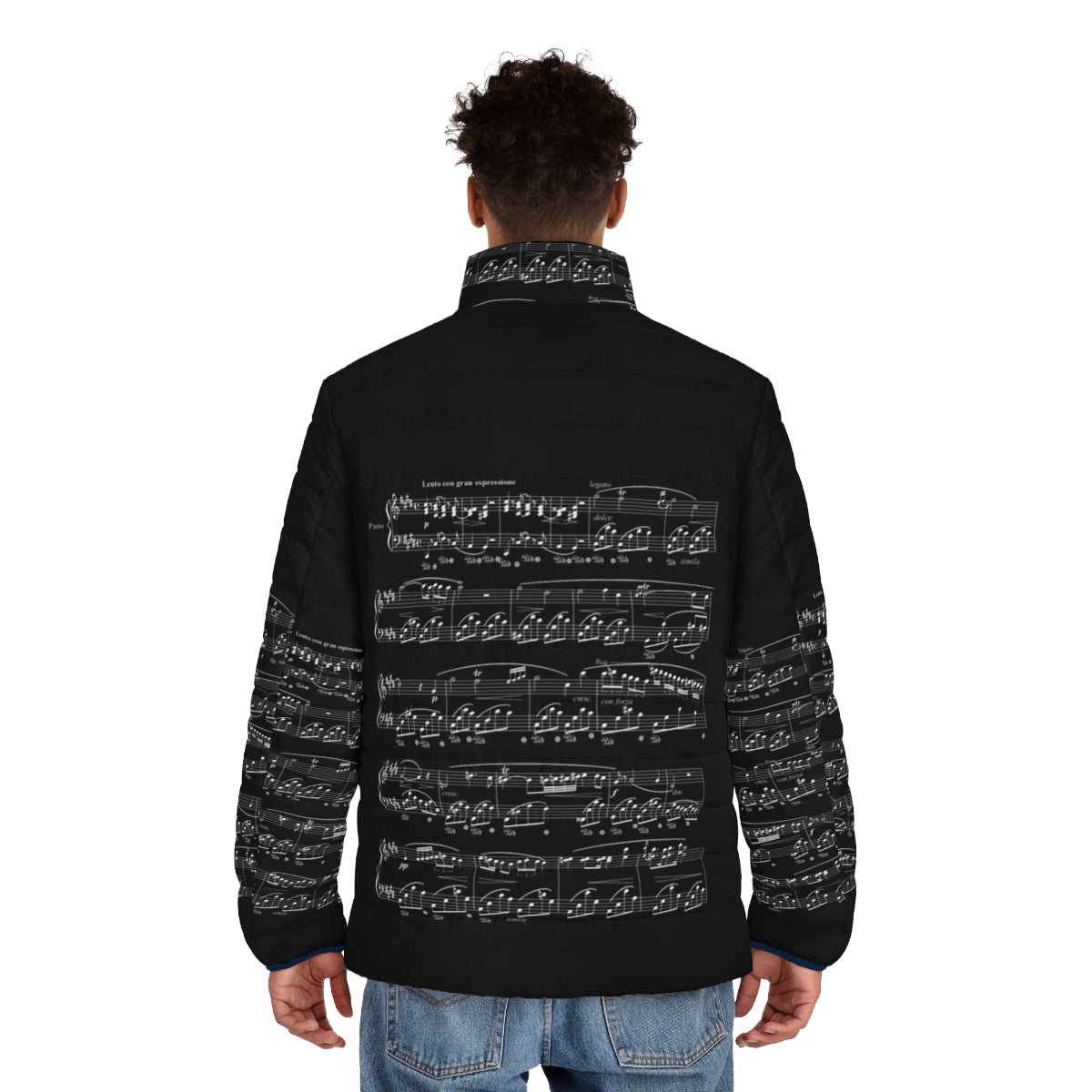 Puffer jacket with musical notes and Chopin Nocturne design - men back