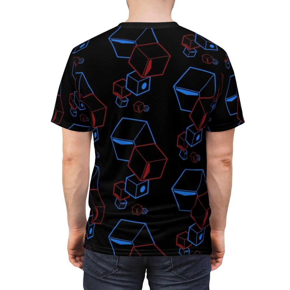 Vibrant custom t-shirt with Beat Saber-inspired design featuring floating colorful blocks - men back