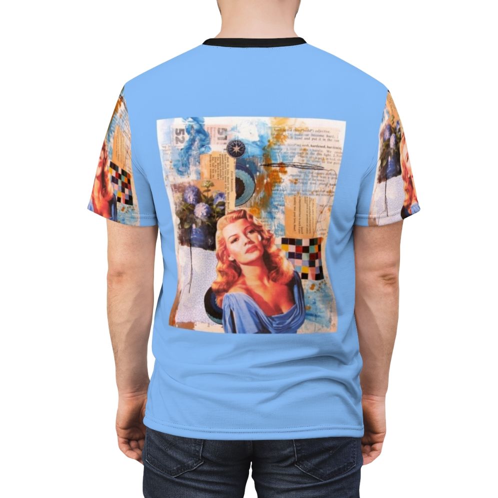 Stylized portrait of classic Hollywood actress Rita Hayworth in a vibrant blue color scheme - men back