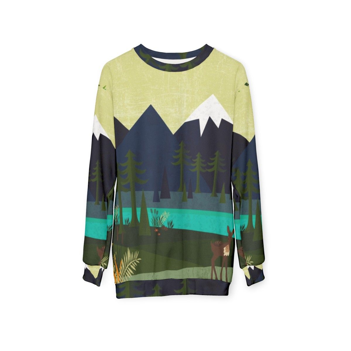 Outdoor Adventure Landscape Sweatshirt with Deer Design - hanging