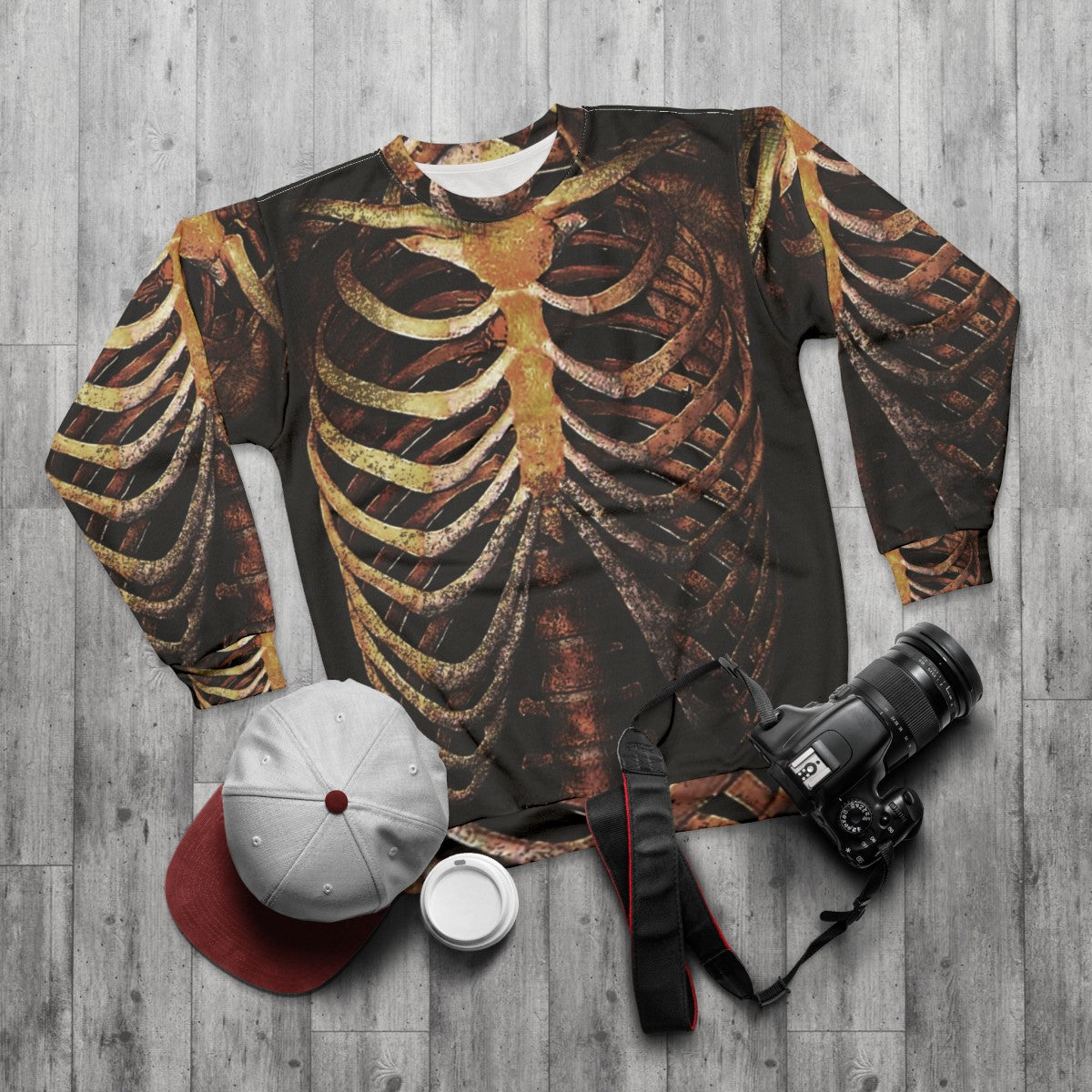 Rib Cage Tee Sweatshirt - Trendy Skeleton Shirt for Photography Fans - flat lay