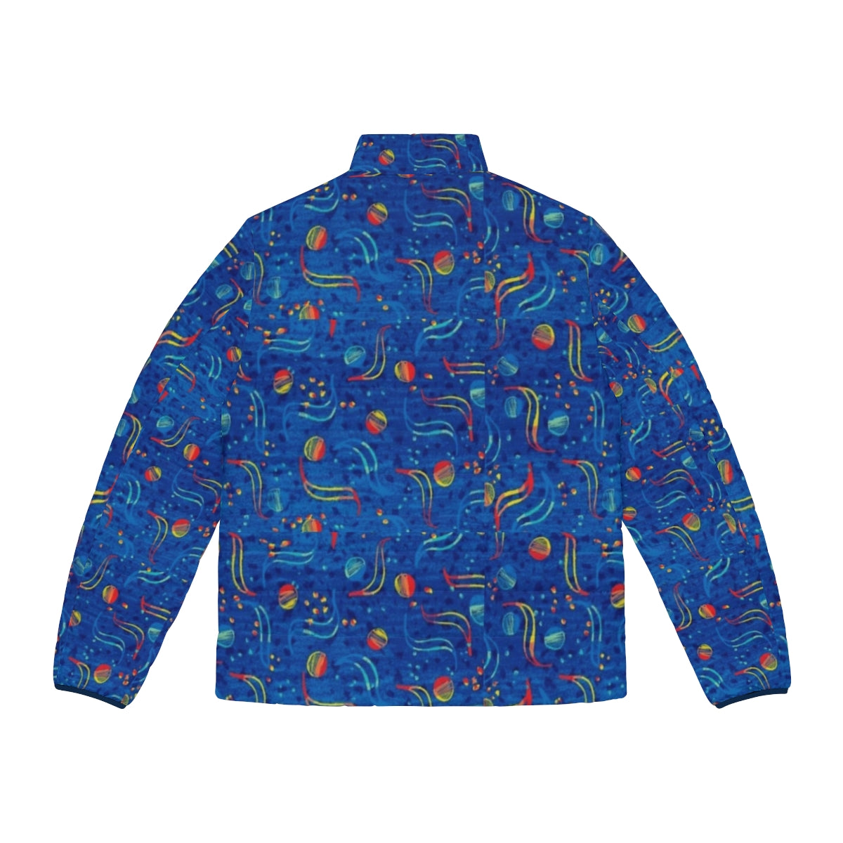 Stylish blue puffer jacket inspired by the iconic Dublin bus design - Back