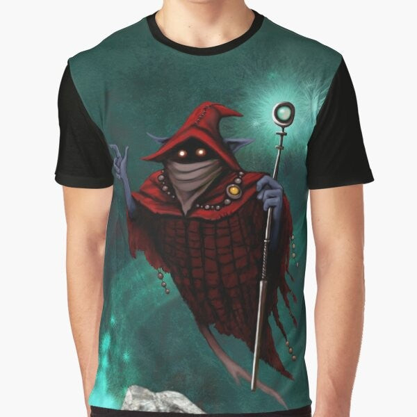 Vintage-style graphic t-shirt featuring the character Orko from the Masters of the Universe series