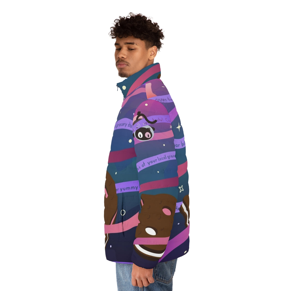 Cookie Cat Puffer Jacket featuring the iconic ice cream sandwich character from the Steven Universe cartoon series - men side left