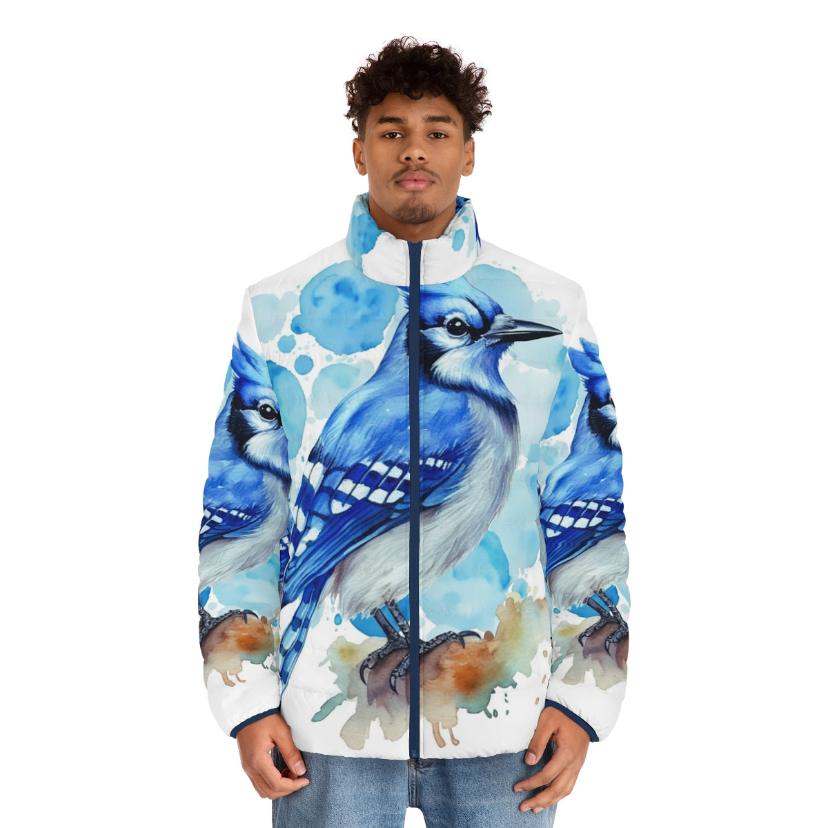 Blue Jay Puffer Jacket with Feather Design - men front