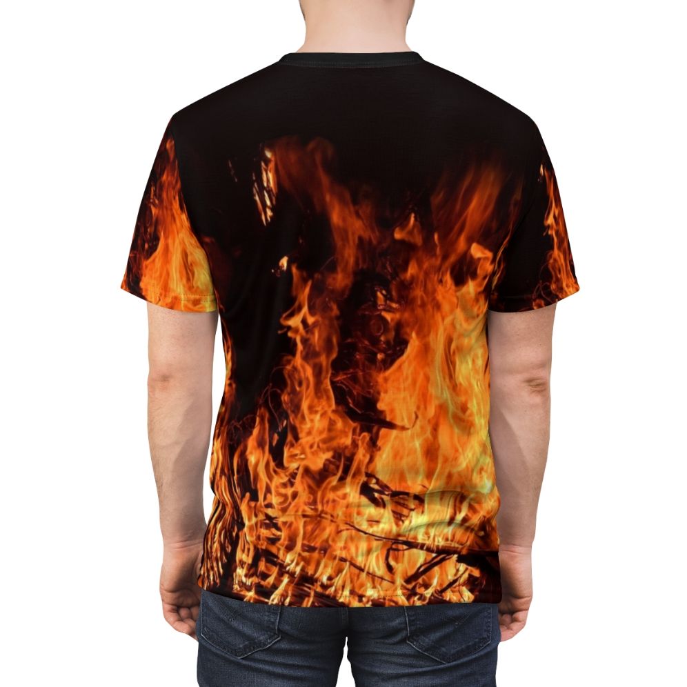 Fiery flames at night campfire graphic t-shirt - men back